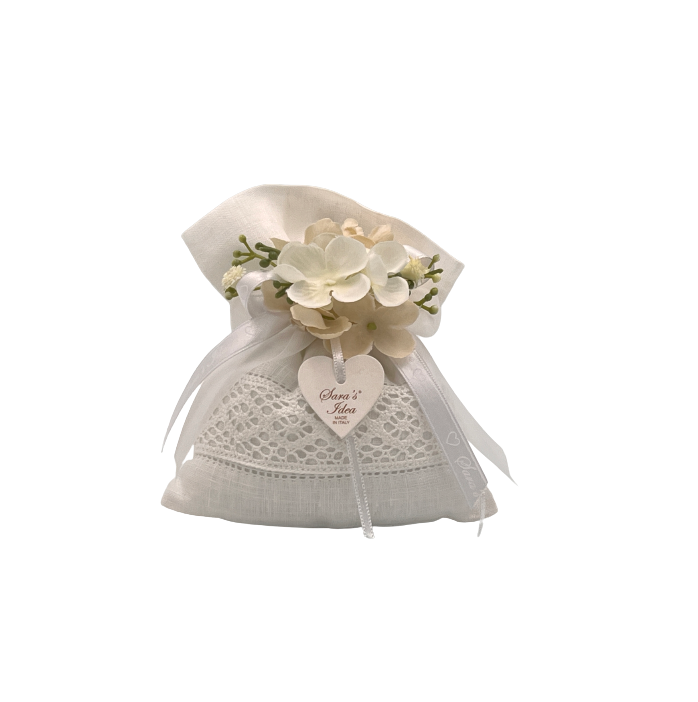 Sara's idea- Sacchetto bianco in lino e fascia ricamata