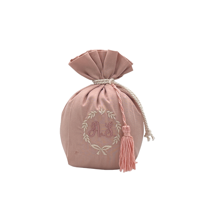 Sekò - Sacchetto pon-pon in cotone rosa antico con iniziali