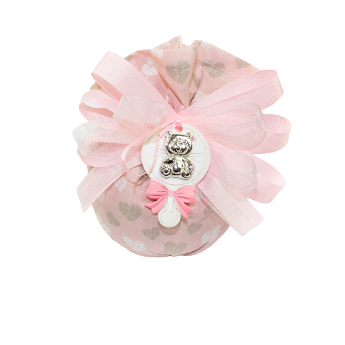 Fantasy- Sacchetto rosa con applicazione sonaglino con orsetto