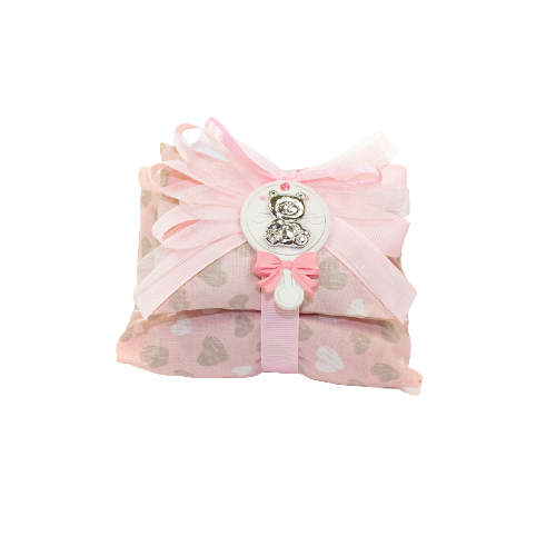 Fantasy- Doppio Cuscino rosa con applicazione sonaglino con orsetto