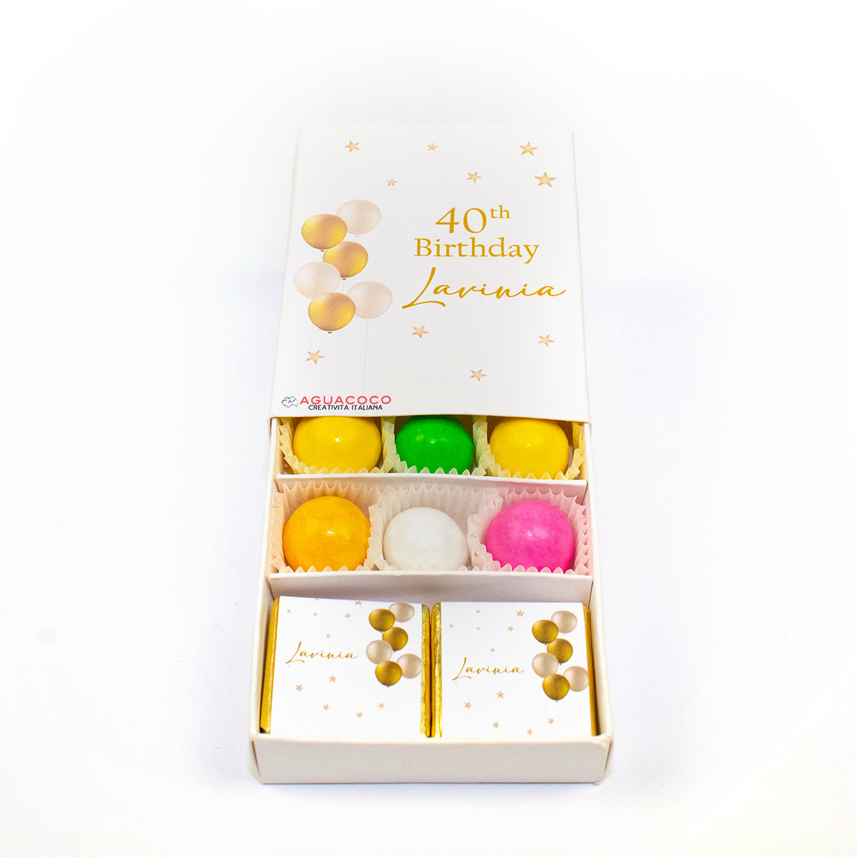 Aguacoco- Scatolina fiammifero palloncini oro con nome
