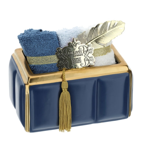 Hervit-Contenitore Rettangolare in Ceramica Blu/oro Con 3 Lavette in Cotone