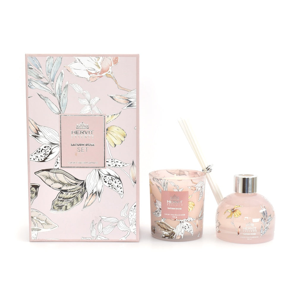 Hervit-SET PROFUMA AMBIENTE + CANDELA SATURN ROSE GRANDE