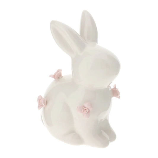 Hevit - Coniglio porcellana bianco 10cm c/fiori