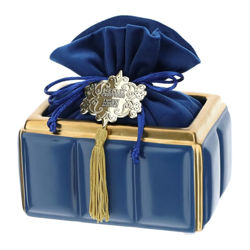 Hervit- Contenitore Rettangolare in Ceramica Blu/Oro Con Sacchetto Velluto Blu
