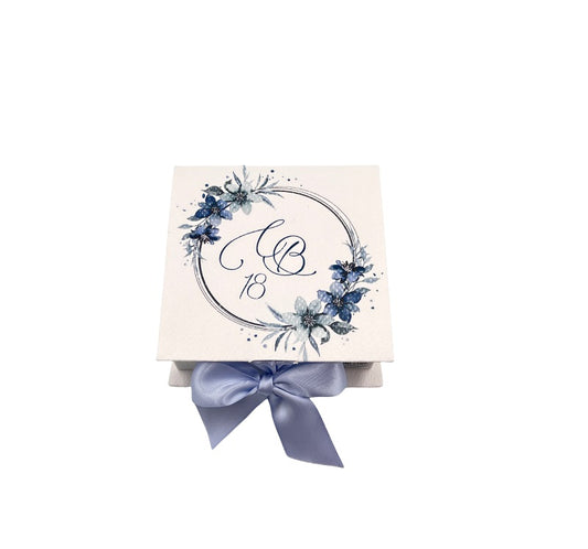 H.L. - Scatola cofanetto semirigido con decoro fiori blu e iniziali
